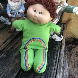 Cabbage Patch Kids Doll Boy Brown Yarn Hair Eyes Vintage 80s Rainbow Jumpsuit